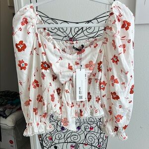 NWT Zara White and Red Floral Blouse